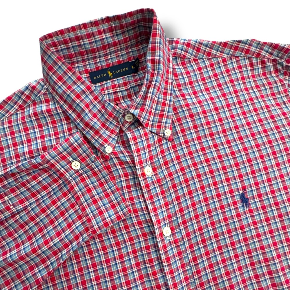 Ralph Lauren Men's XXL Classic Fit Plaid Button Down‎ Shirt Red Blue